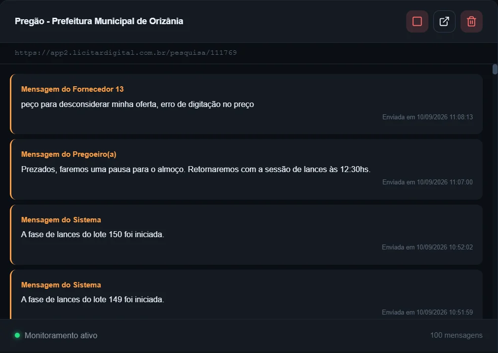Painel de mensagens de um pregão da Prefeitura Municipal de Orizânia: mensagens do fornecedor, do pregoeiro e do sistema, cada uma com a data e a hora de envio