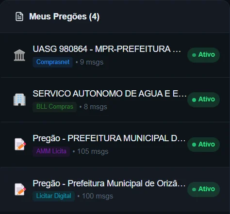 Lista Meus Pregões do app com quatro pregões ativos, cada um de um portal — Comprasnet, BLL Compras, AMM Licita e Licitar Digital — e a quantidade de mensagens capturadas em cada um