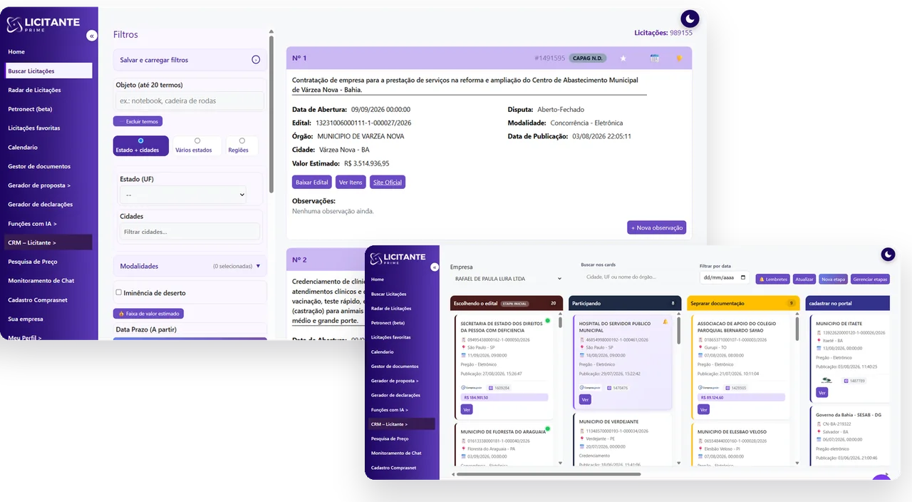 Licitante Prime: o buscador de licitações com filtros por objeto, estado e plataforma, e na frente o Kanban de uma empresa com as colunas Escolhendo o edital, Participando, Separar documentação e Cadastrar no portal