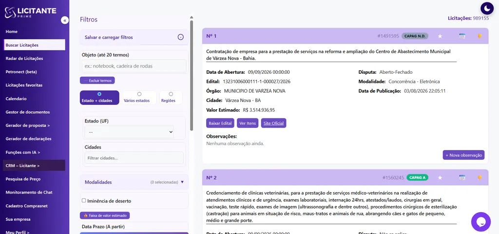 Buscador do Licitante Prime: painel de filtros com objeto, estado, cidades, modalidades, prazo e plataforma, ao lado da lista de licitações encontradas