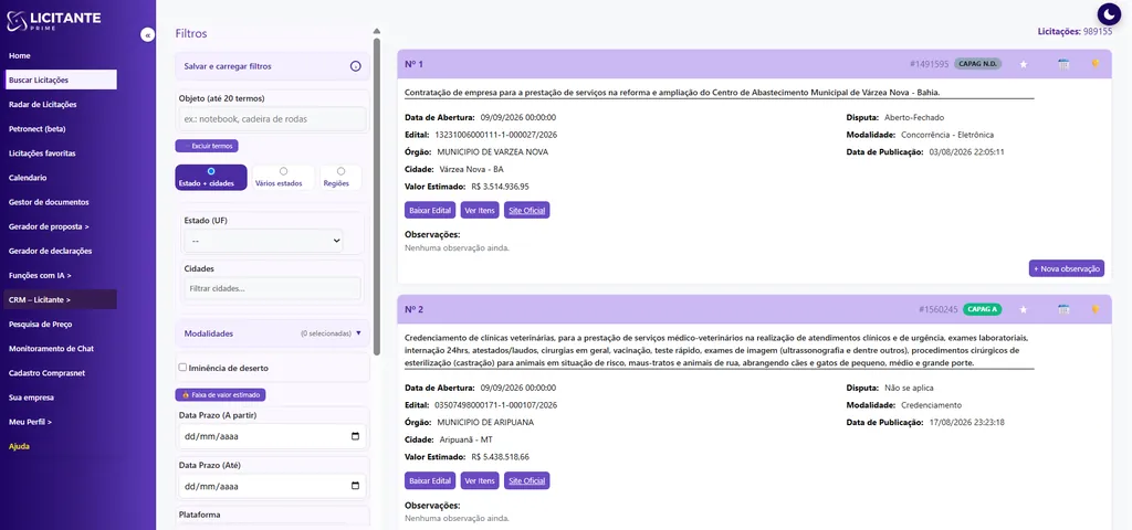 Buscador do Licitante Prime com filtros por objeto, estado, cidade, modalidade, prazo e plataforma