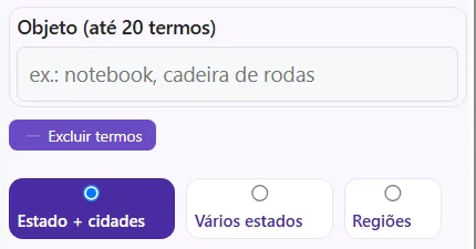 Detalhe dos filtros do buscador: campo Objeto, com o exemplo notebook, cadeira de rodas