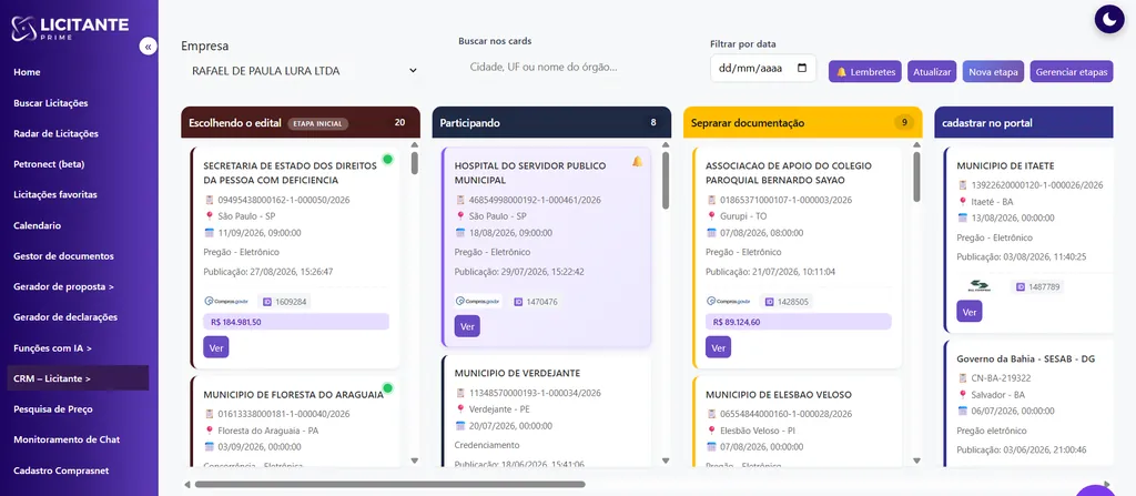 Kanban do Licitante Prime com o seletor de empresa no topo e as colunas Escolhendo edital, Participando, Habilitação, Ganha e A receber