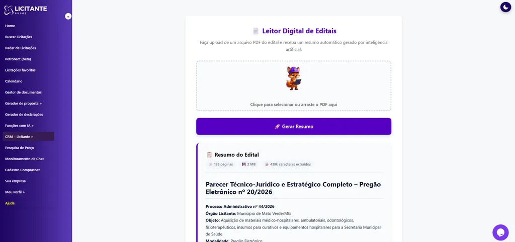 Leitor de Editais com IA respondendo qual é o objeto do edital e citando as páginas consultadas