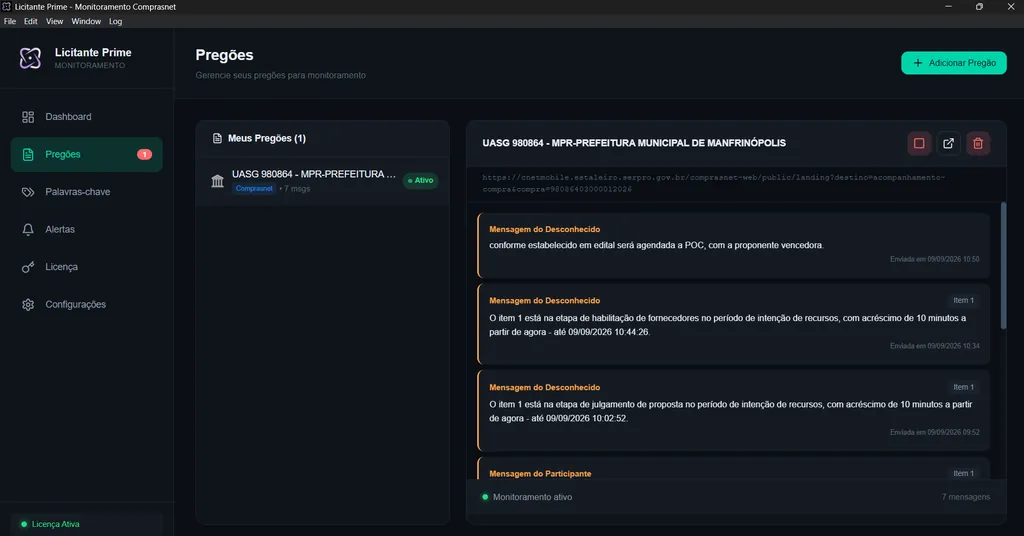 Monitoramento de Chat do Licitante Prime: um pregão do Comprasnet sendo acompanhado, com as mensagens do pregoeiro capturadas e a hora de cada uma