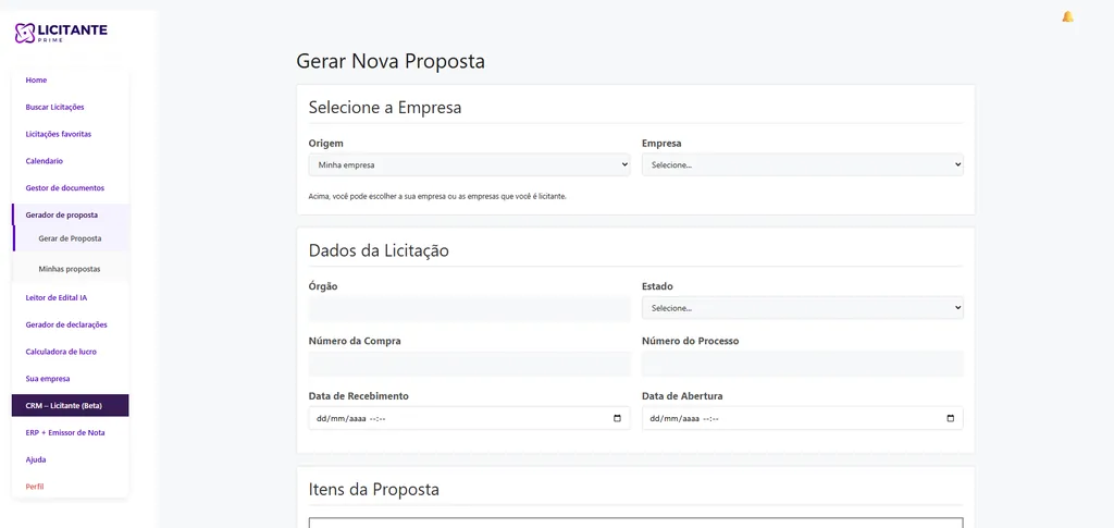 Tela Gerar Nova Proposta, com seleção de empresa, dados da licitação e itens da proposta